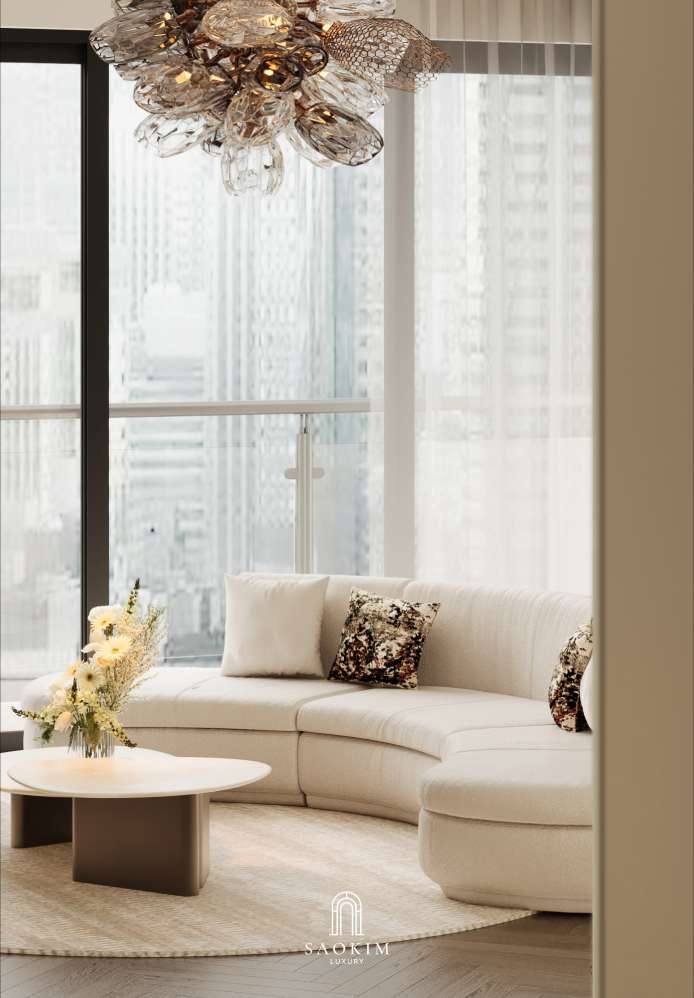 Không gian phòng khách sang trọng hiện đại trong thiết kế nội thất chung cư cao cấp Lumière Evergreen phong cách Quiet Luxury

